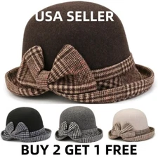 Retro Women Wool Felt Bucket Cap Ladies Bowtie Cloche Church Bowler Hat Winter