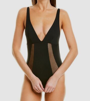 $187 L*Space Women's Black Crochet Panel Plunging One-Piece Swimsuit Swimwear 4
