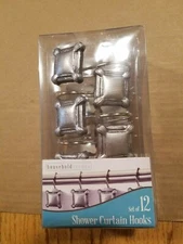 SHOWER CURTAIN HOOKS set of 12 Silver Squares - Slide-On - Household Trends NEW!