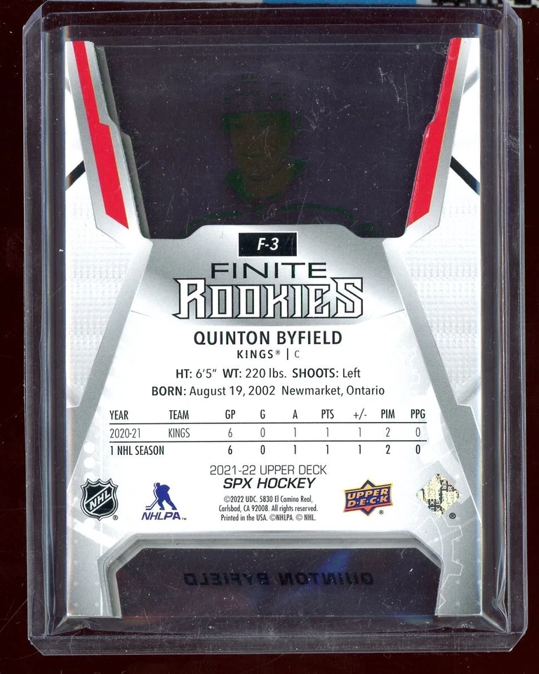 2021-22 SPx Finite Rookies Platinum #F3 Quinton Byfield 68/99 - Image 2 of 2