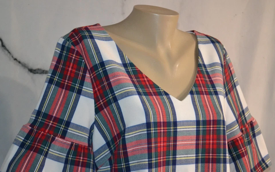 VINEYARD VINES White Multicolor Plaid Dress 14 Short Flared Sleeves Lined - Image 3 of 4