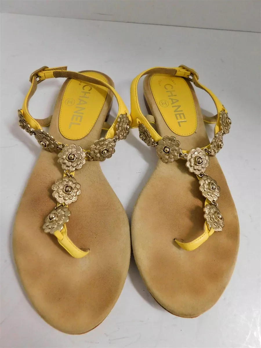 Chanel Yellow Leather Gold Camellia Flower Flat Slingback Sandals Italy  35.5