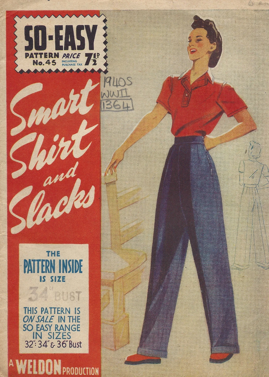 1940s WW2 Vintage Sewing Pattern B34 PANTS-TROUSERS-SLACKS SHIRT (1364)