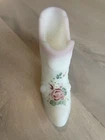 Vintage Fenton Slipper Art Glass White Satin Hand Painted Artist Signed