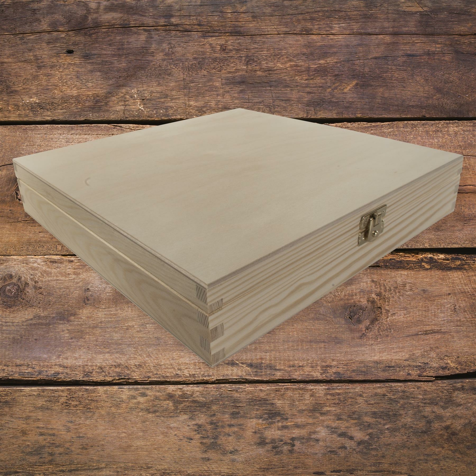 Trinket Keepsake Square Plain Shallow Gift Wooden Box Lid Clasp | 28 x 28 x 5 cm