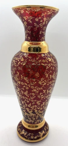 Vintage Vecchia Murano Ruby Red 24K Gold Gilt Glass Vase Italy Floral Glows