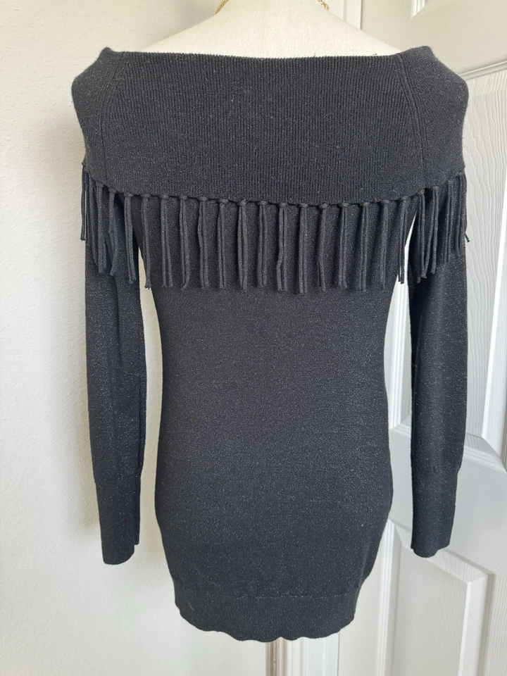 White House Black Market Womens XS Black Sleeve Sweater Top Cowl Neck Fringe Y2K - Image 2 of 4