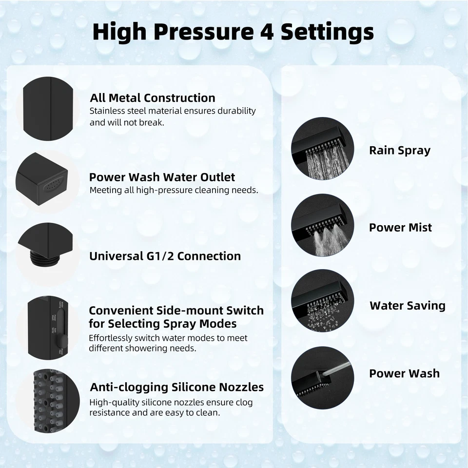 All Metal 12'' Rainfall Shower Head Square, High Pressure Handheld Shower Wand - Image 4 of 4