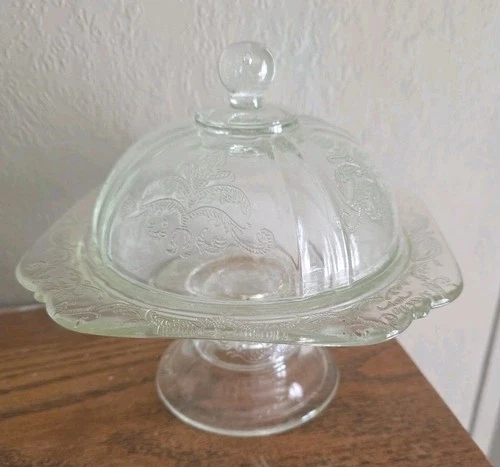Vintage 1940s Federal Glass Clear Madrid Butter/Cheese Dish Footed Dome Lid