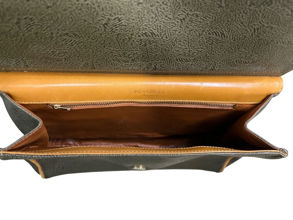 Bolso de Mano de Hombro NINA RICCI Patrón de Hojas 2 Vías PVC Cuero Verde Cartera Foto 4 de 4