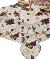 Vinyl Flannel Back Tablecloth, 52"x52" Square, WINE GLASSES, CORKS  GRAPES, BH