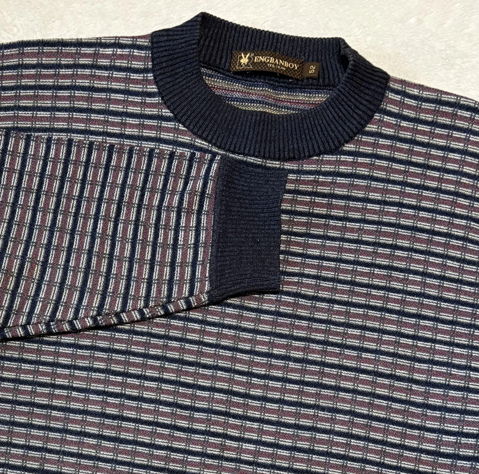 Engbanboy Sweater Mens 52 Blue Multicolor Stripe Knit Wool Blend Crewneck