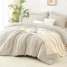 Queen Comforter Set Beige - 7 Pieces Striped Seersucker Bed in a Bag, Soft Light