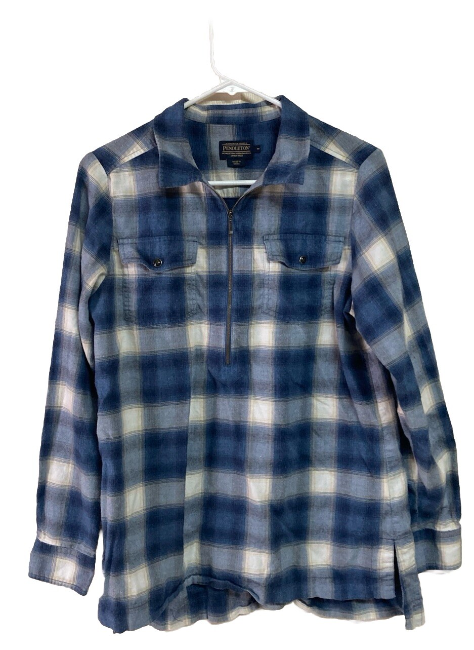 Women’s Pendleton Canyon Flannel Shirt Half Zip Pearl Snap Plaid Blue M