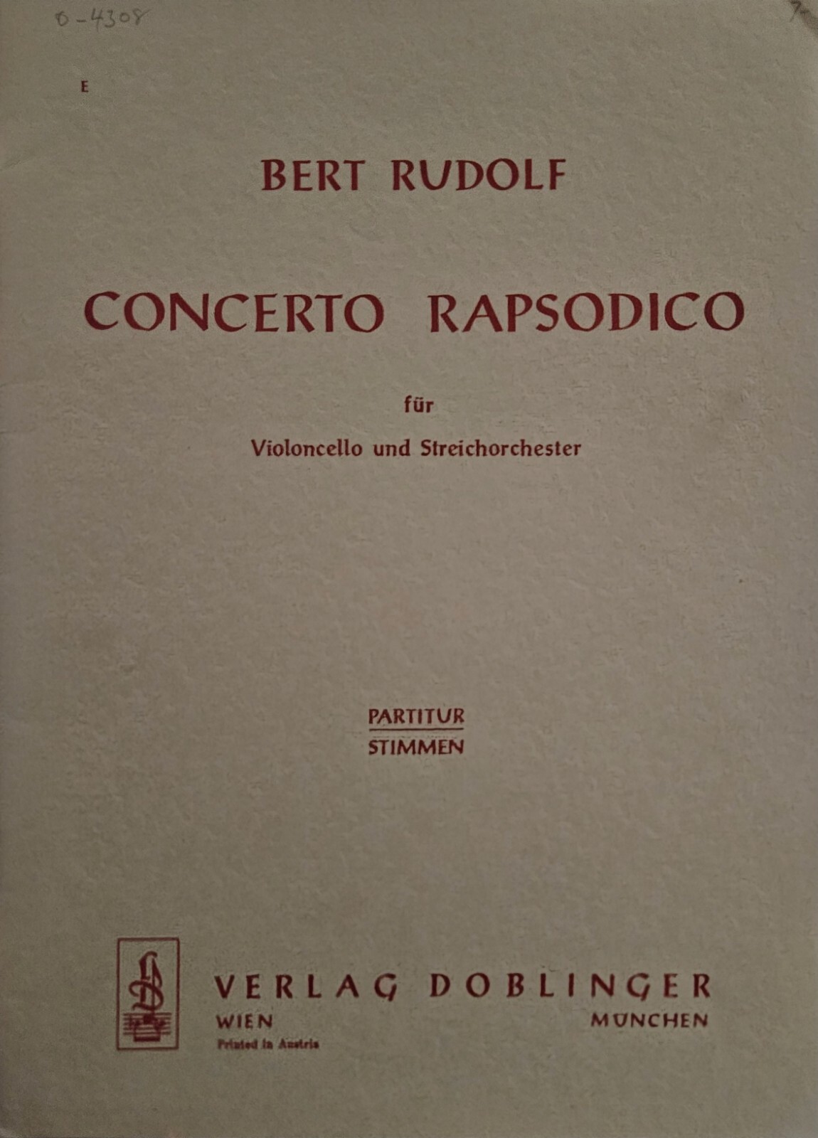 Bert Rudolf Concerto Rapsodico for Cello and String Orchestra - Score