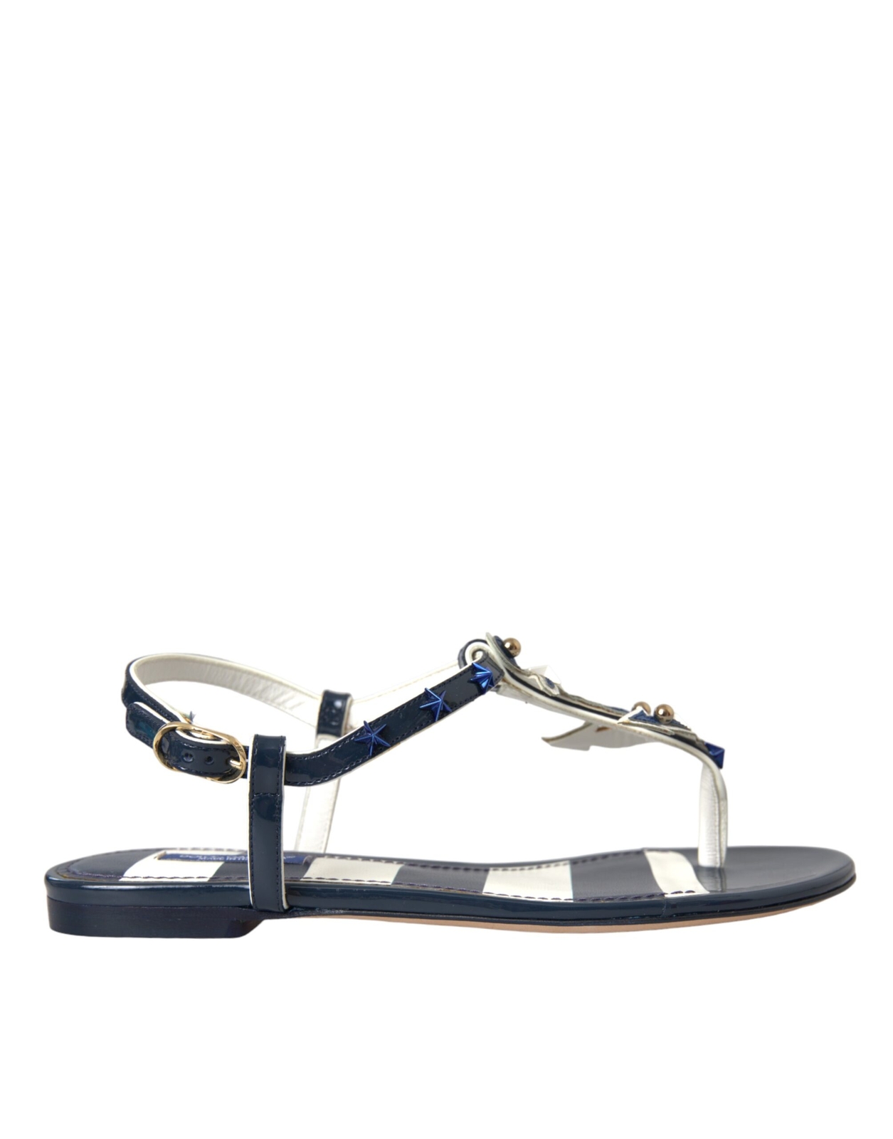 Dolce & Gabbana Blue Striped Leather Studded Flats Sandals for Women
