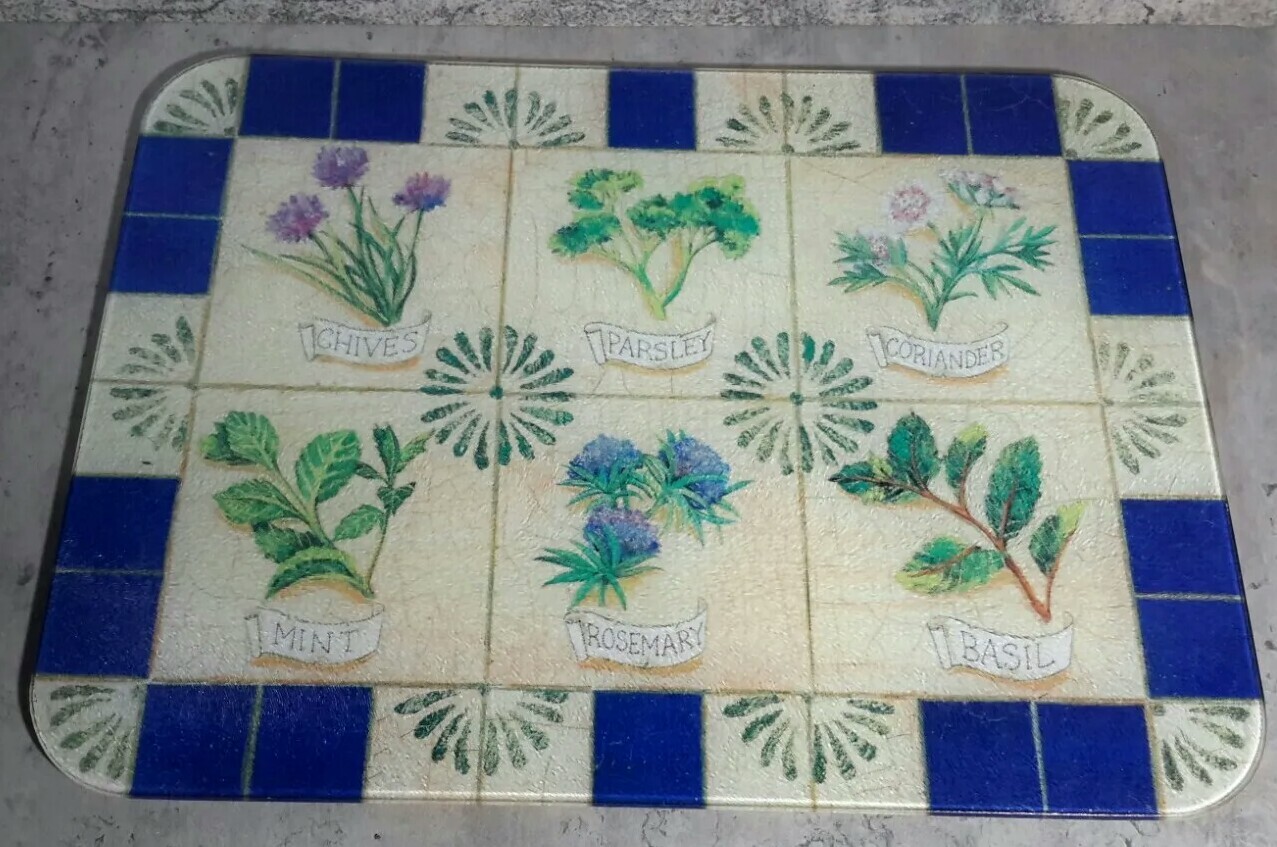 Cutting Board Tempered Glass Blue Green Herbs Chives Mint Parsley Basil Rosemary-image