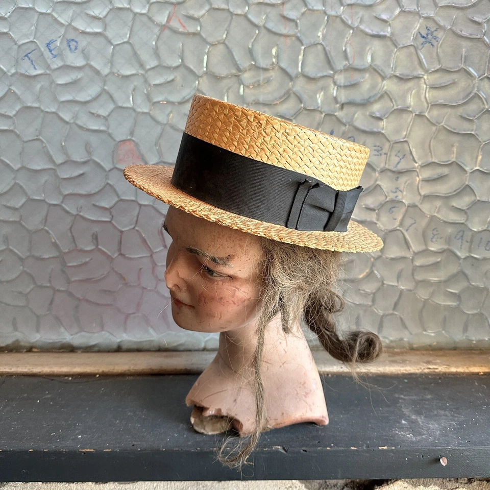 Antiguo sombrero de navegante de cinta de paja marrón de la década de 1920 náutico yate Gatsby Foto 3 de 4