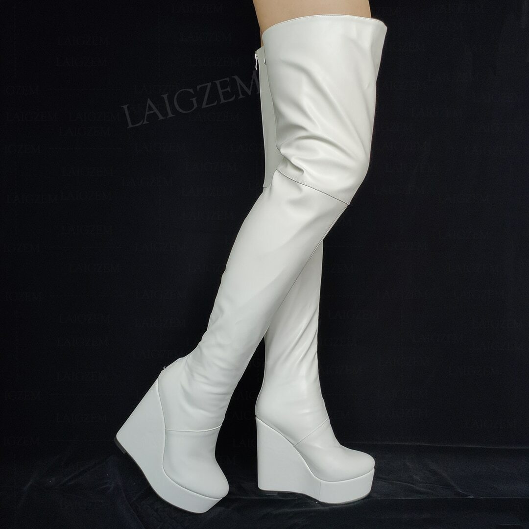 Women Thigh High Boots Platform Wedges Full Zip Round Toe Over Knee Boots  Shoes