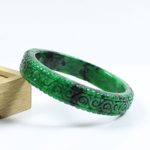 65mm Chinese Hand-carved Green Black Jadeite Jade Gems Bangle Bracelet j7773 - Picture 9 of 11