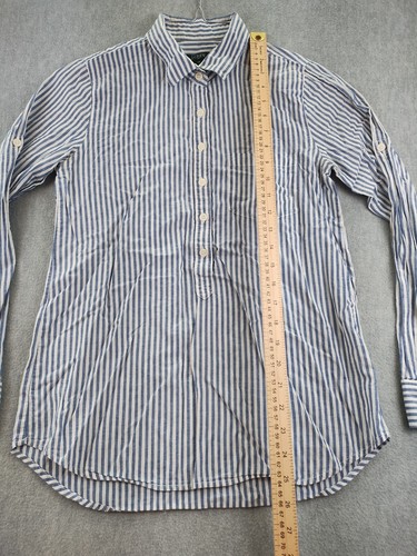Camicia J Crew Popover mezza patta donna taglia XS bianca blu a righe linguetta rotolo - Foto 16 di 20