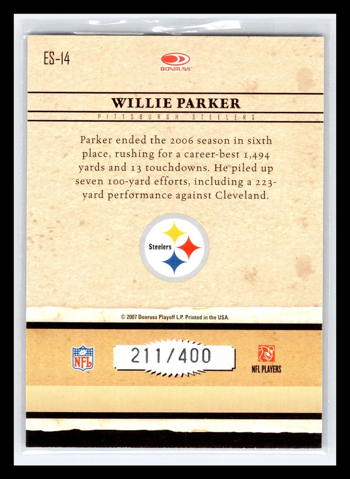 2007 Donruss Elite #ES-14 Willie Parker Series Black #/400 Pittsburgh Steelers - Image 2 of 2