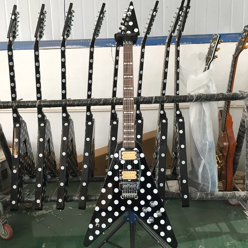 Custom V Randy Rhoads Polka White Dot Electric Guitar Black Tremolo Bridge