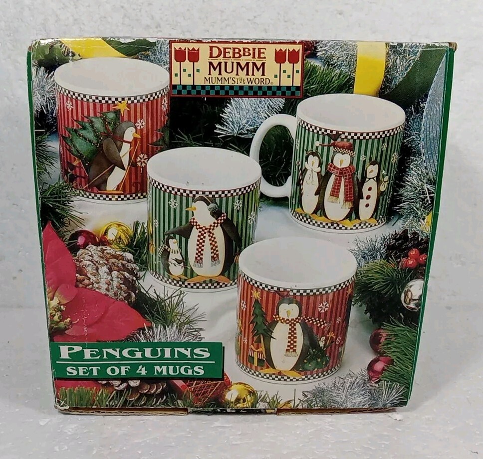 Debbie Mumm Penguins Set of 4-12oz. Stoneware Mugs New Open Box VTG 1997