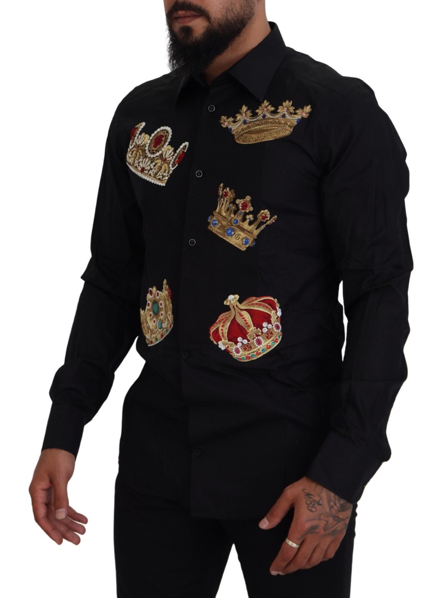 DOLCE & GABBANA Shirt Black Gold Crown Slim Fit Dress Formal