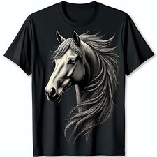 Vintage Black T-Shirt with White Horse Head Graphic Casual Neck
