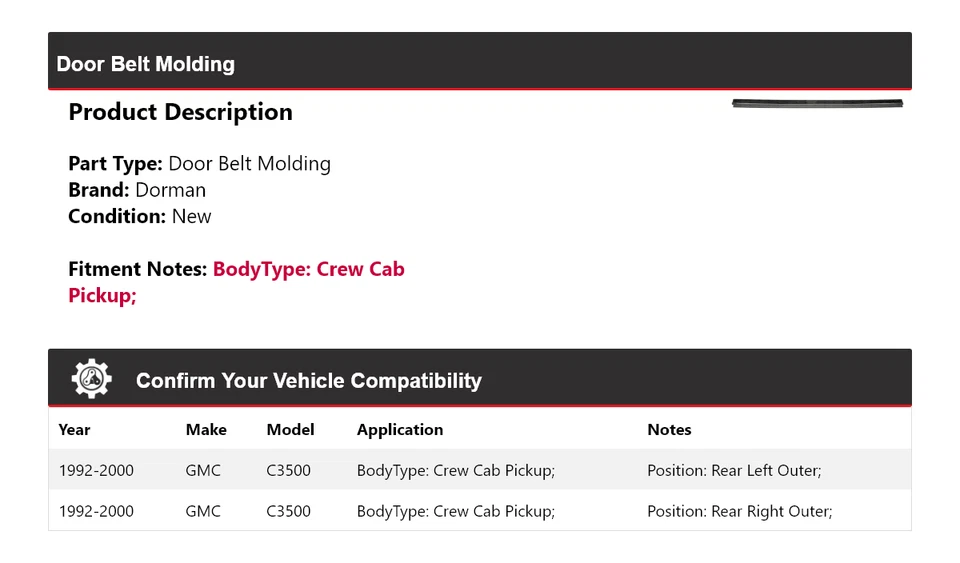 Moldura de cinturón de puerta para GMC C3500 1992-2000 doble cabina Dorman 1993 1994 1995 1996 Foto 2 de 4