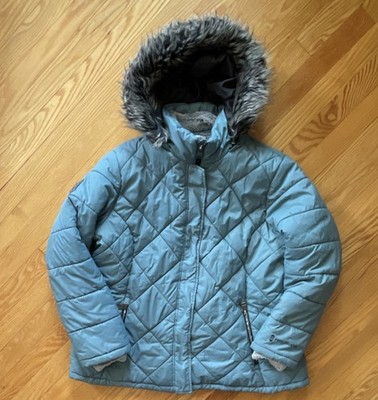 Free Country Women s Blue Green 1X Puffer Jacket Faux Fur Hood Diamond Quilt Zip