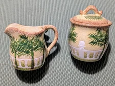 KMC Palm Tree Hand Painted Fine Ceramicware Sugar Bowl And Creamer Set
