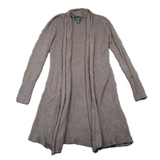 Cynthia Rowley Long Cardigan S Brown Merino Wool Ribbed Open Front Neutral Luxe