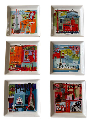 Set of 6 Crate and Barrel City Scenes 6'' Square Porcelain Appetizer Plates