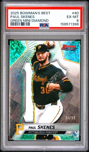 1398 Paul Skenes 2025 Bowman's Best #40 Green Mini Diamond Refractor /99 PSA 6