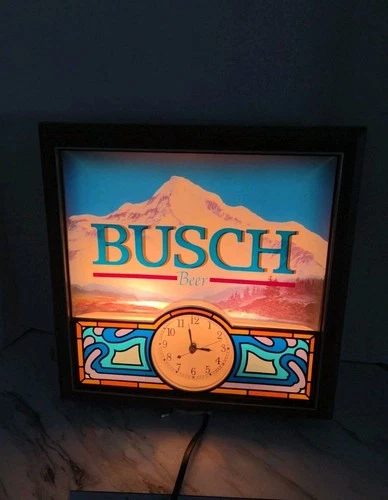 Vintage Busch Beer Lighted Clock Sign Mountains  Works! Man Cave Bar Display