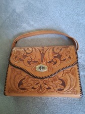 Vintage Tooled Leather Handbag Purse Baguette Style Bag with Flap Brown Floral