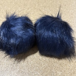 Set of 2 Faux Fur Craft Pom Poms – Navy Blue, 3.5” with Attachment Loops