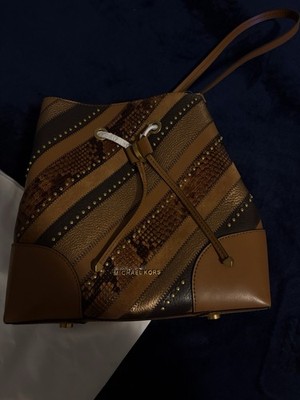 Michael Kors Brown Striped Studded Drawstring Bucket Bag Medium Gold Hardware