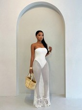 Shein Bamglam Women'S White Crochet Mesh Tassel Hem Dress,Fake Two Piece