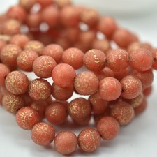 10 Beads - 8mm Druk Rounds, Orange-Red Etched, Gold Wash, Pressed Czech Glass