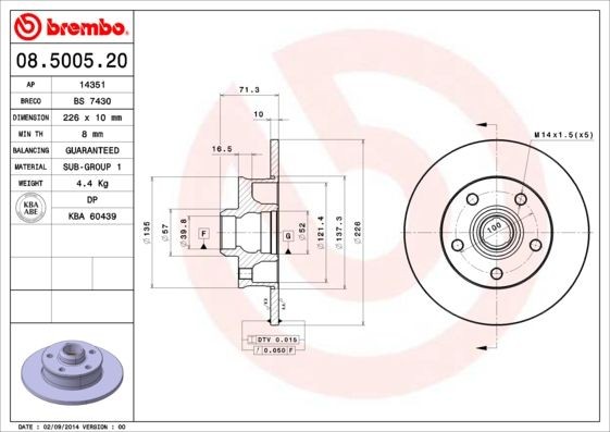 Disque de frein 08.5005.20 BREMBO de 232mm pour entretien essieu arrière VW Polo