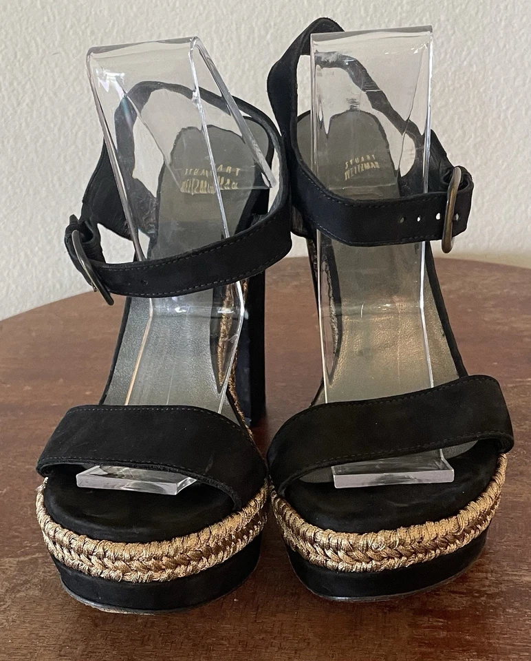 Stuart Weitzman Women Black Suede Platform Block High Heel  Gold Braid Trim 7 - Image 2 of 4