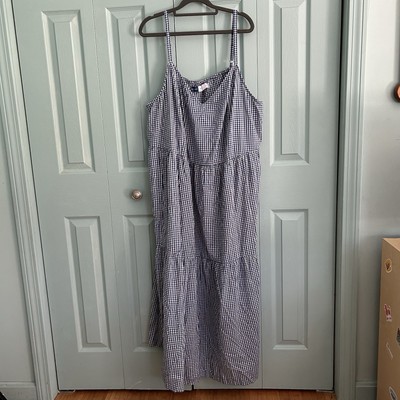 Old Navy Katherine Maxi Dress 4X Blue Gingham Tiered V-Neck Pockets