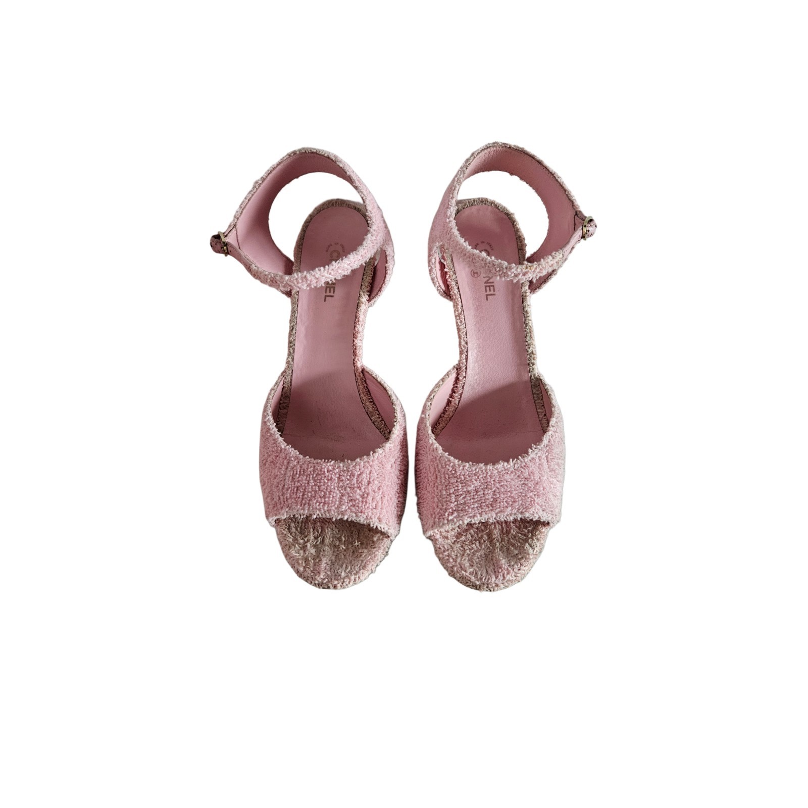 Chanel Pink Terry Cloth CC Heels Ankle Strap Sandal, Size 41C