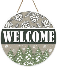 Welcome Winter Tree Front Door Sign, Farmhouse Pine Cones Snowflake Wood Hanger