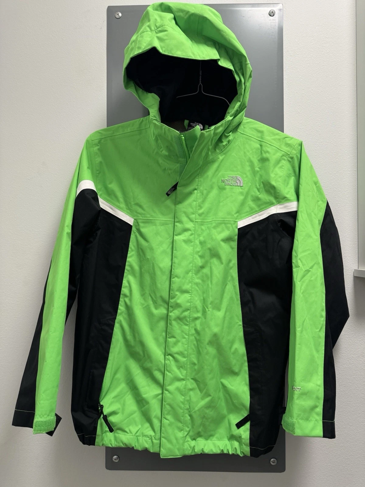 North Face Rain Jacket Boys L 14/16 HiVis Lime Green Hyvent Hooded Full Zip EUC