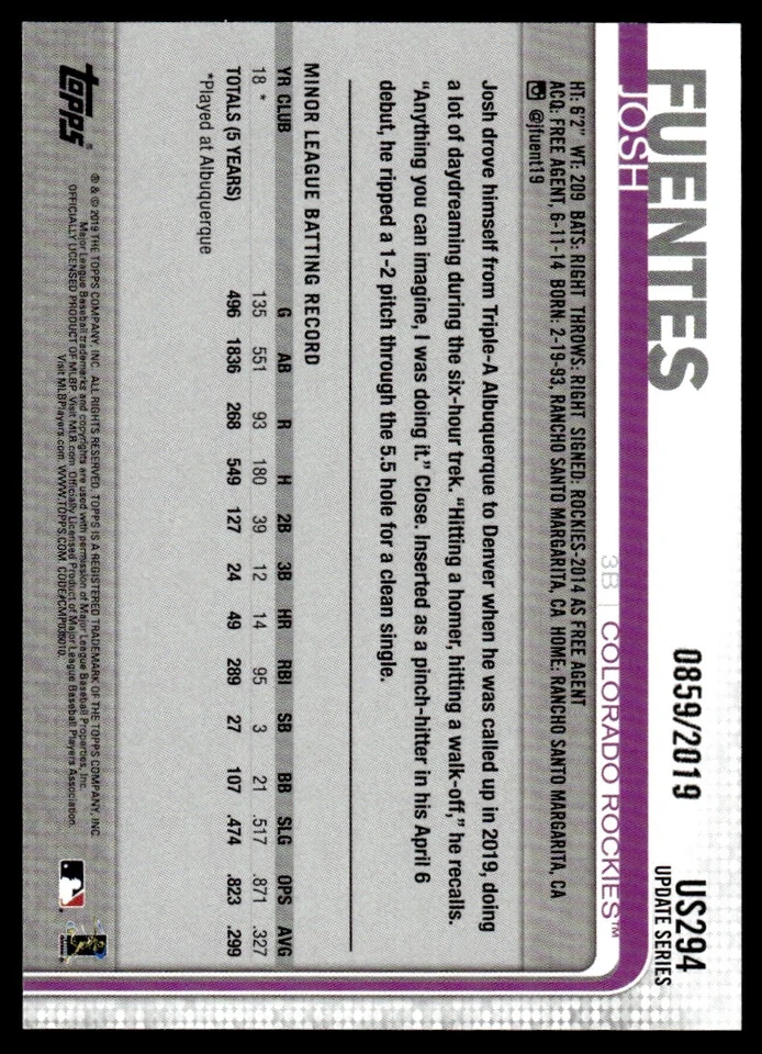 2019 Topps Update GOLD /2019 Josh Fuentes Rookie Colorado Rockies #US294 R3 - Image 2 of 2