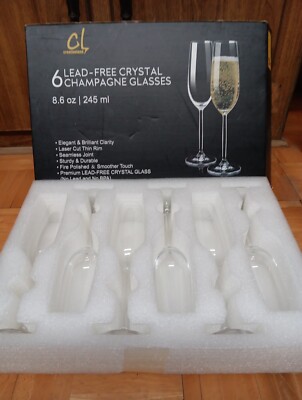 6- Crystal Flute Champagne Glasses Elegant Premium Quality 100% Lead Free